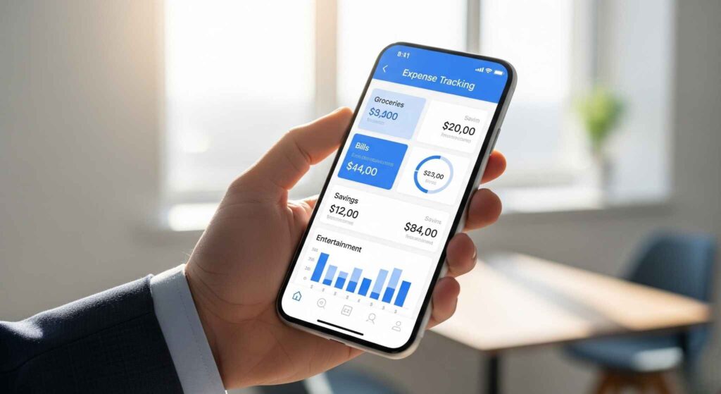 A person using free expense trackers on a mobile app to manage finances