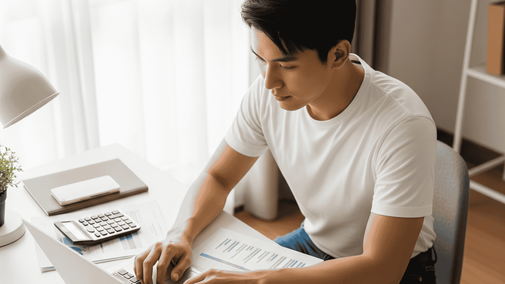 Man tracking expenses on laptop to manage personal budget
