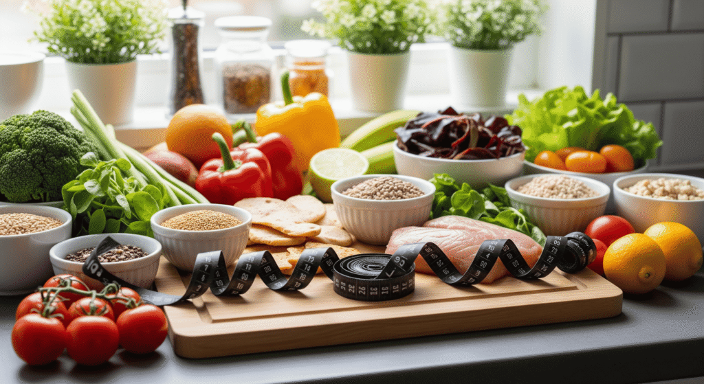 Healthy food with measuring tape