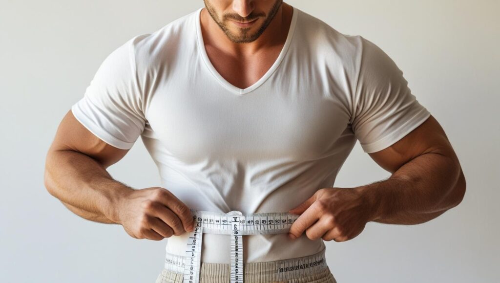 man measuring waist with tape